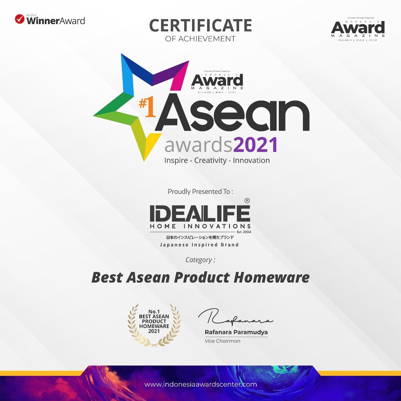 IDEALIFE Raih Penghargaan No.1 Best ASEAN Product Homeware 2021 di Ajang 8.0 Annual Awards